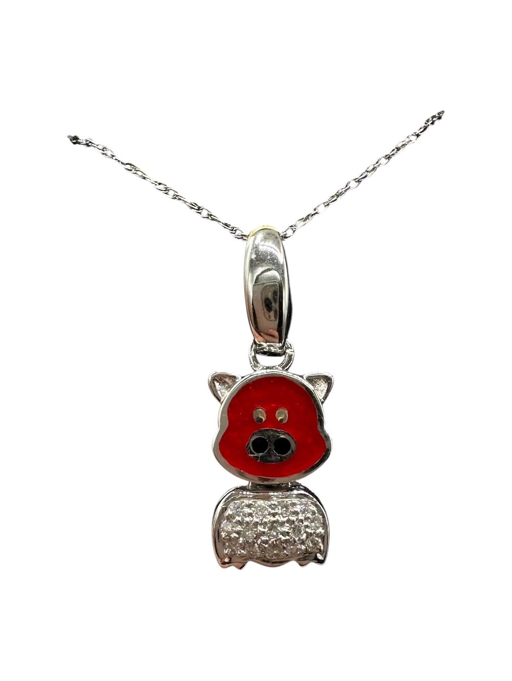 Enamel Diamond Cute Pig Necklace 18K White Gold 0.08ctw 18in New